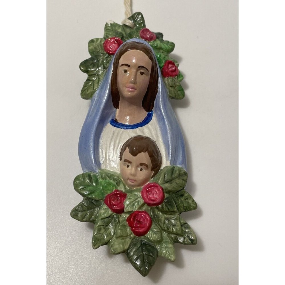 1990 Ceramic Mother Virgin Mary Jesus Christmas ornament Catholic roses READ